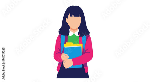 Young student with backpack and books, isolated on white background