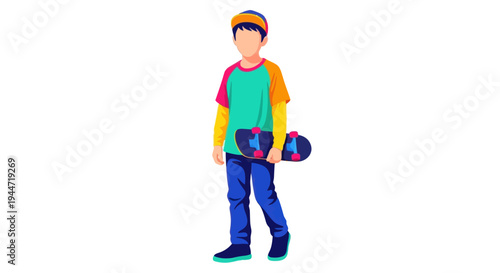 Young boy with skateboard, trendy clothes, isolated on white background