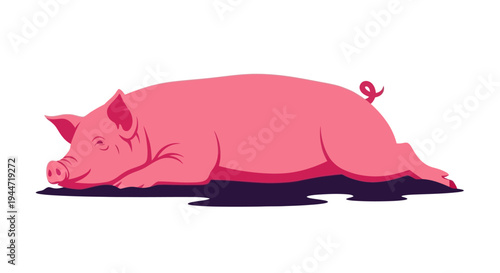 Pink Pig Sleeping on White Background, Farm Animal Illustration