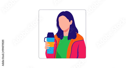 Woman holding a reusable water bottle, healthy lifestyle, hydration, flat design