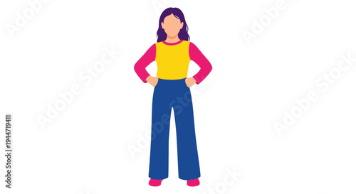 Confident Woman Standing with Hands on Hips, Flat Illustration, White Background
