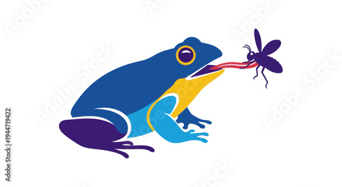 Blue frog eats dragonfly with long sticky tongue, vector illustration, white background