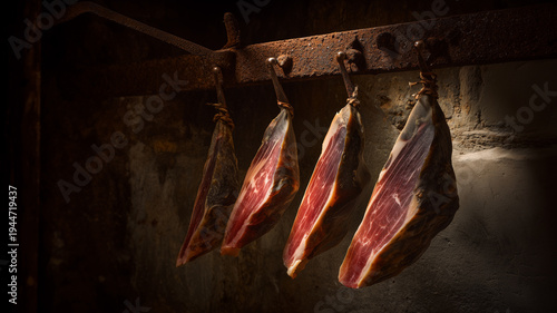 Highly atmospheric shot of artisanal cured meat legs hanging in a cool, dark cellar with dramatic lighting highlighting the marbled texture.