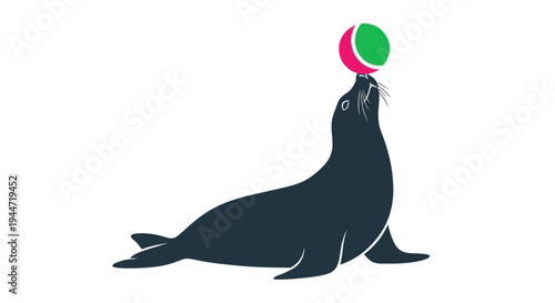 Seal balancing colorful ball on nose, isolated on white background, illustration