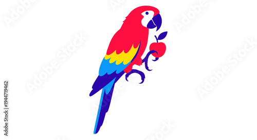 Colorful Parrot Holding Apple Icon on White Background