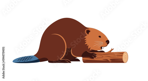 Cartoon Beaver Holding Wood Log with Flat Tail, Isolated on White Background