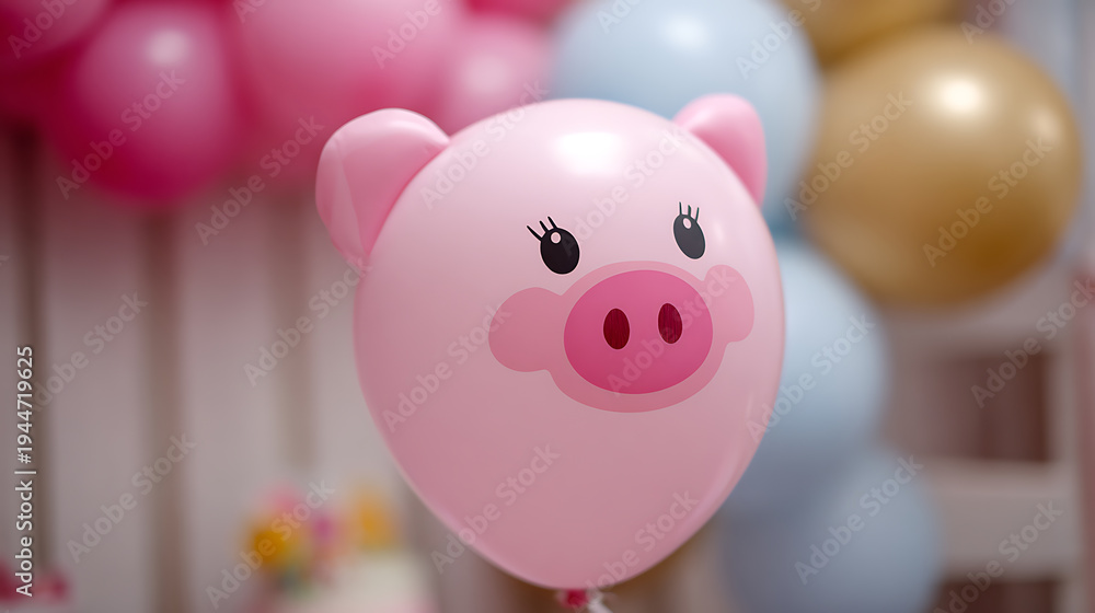 Obraz premium Cute pink animal-face balloon with ears, smiling on string, surrounded by blurred colorful party balloons for celebration event decor, happy atmosphere