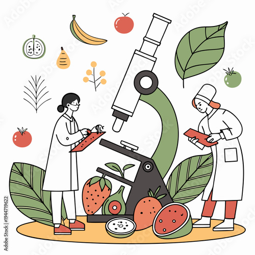 Food quality control poster. Microscope near fruits and vegetables. Microbiological and chemical research of natural products. Research and experiment. Flat vector .
