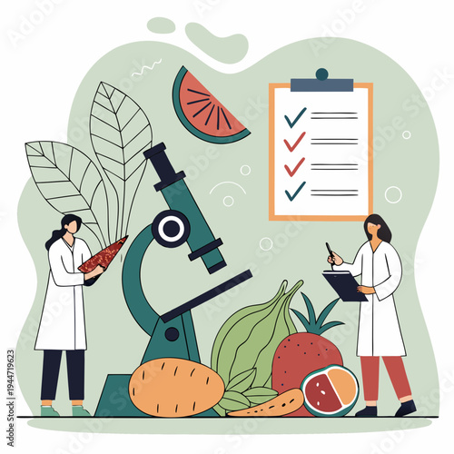 Food quality control poster. Microscope near fruits and vegetables. Microbiological and chemical research of natural products. Research and experiment. Flat vector .