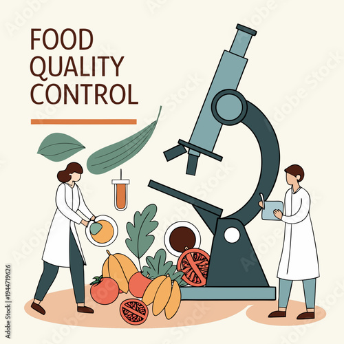 Food quality control poster. Microscope near fruits and vegetables. Microbiological and chemical research of natural products. Research and experiment. Flat vector .