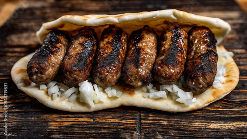 Traditional Sarajevski Ćevapi featuring grilled meat sausages tucked into soft lepinja pita bread with chopped onions on a rustic wooden board.