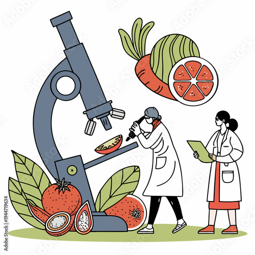 Food quality control poster. Microscope near fruits and vegetables. Microbiological and chemical research of natural products. Research and experiment. Flat vector .