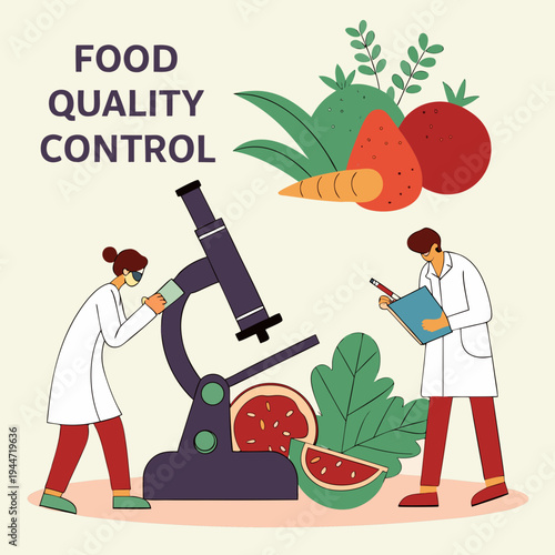 Food quality control poster. Microscope near fruits and vegetables. Microbiological and chemical research of natural products. Research and experiment. Flat vector .