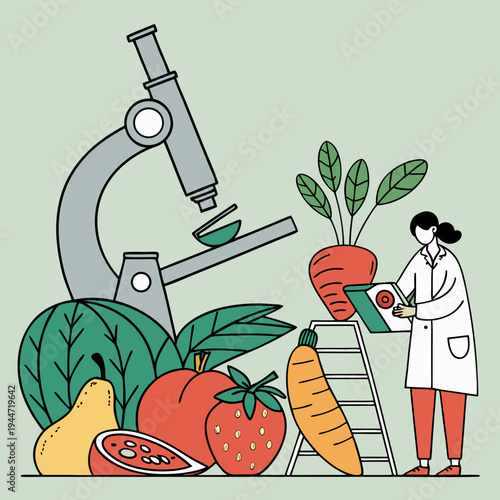 Food quality control poster. Microscope near fruits and vegetables. Microbiological and chemical research of natural products. Research and experiment. Flat vector .