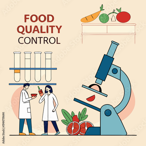 Food quality control poster. Microscope near fruits and vegetables. Microbiological and chemical research of natural products. Research and experiment. Flat vector .