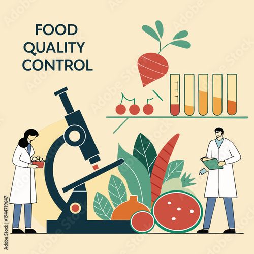 Food quality control poster. Microscope near fruits and vegetables. Microbiological and chemical research of natural products. Research and experiment. Flat vector .
