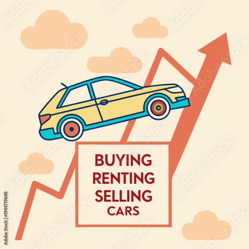 Car sales market. Poster with automobile on growth arrow pointing up. Rising cost of vehicles. Banner with car for buying, renting or selling. Design element for website. Flat vector .