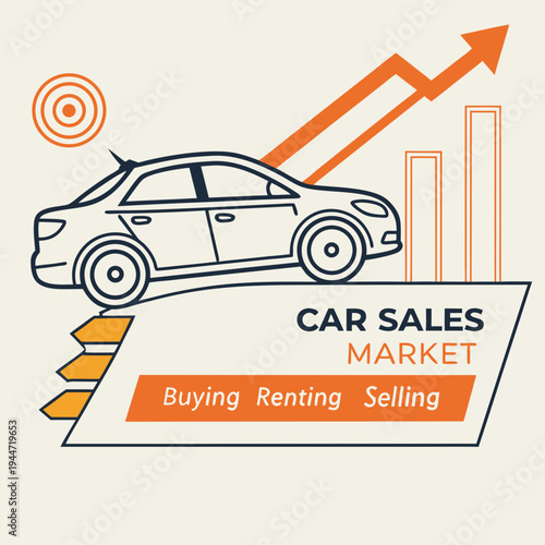 Car sales market. Poster with automobile on growth arrow pointing up. Rising cost of vehicles. Banner with car for buying, renting or selling. Design element for website. Flat vector .