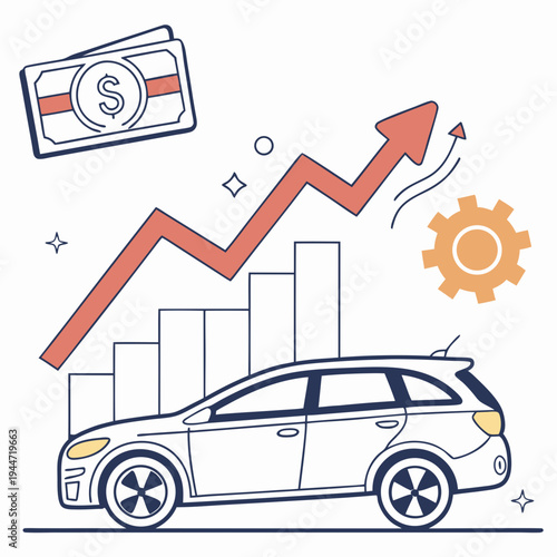 Car sales market. Poster with automobile on growth arrow pointing up. Rising cost of vehicles. Banner with car for buying, renting or selling. Design element for website. Flat vector .