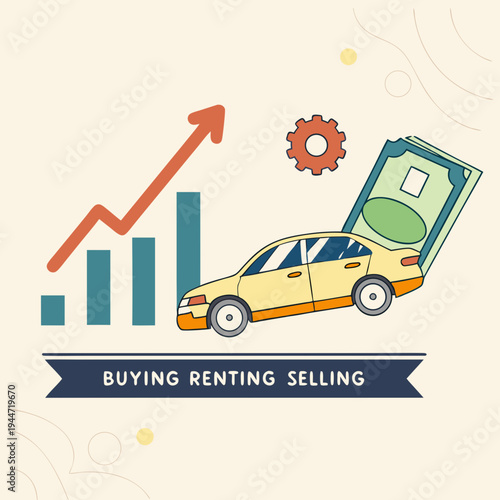 Car sales market. Poster with automobile on growth arrow pointing up. Rising cost of vehicles. Banner with car for buying, renting or selling. Design element for website. Flat vector .