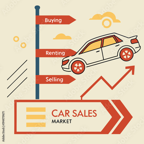 Car sales market. Poster with automobile on growth arrow pointing up. Rising cost of vehicles. Banner with car for buying, renting or selling. Design element for website. Flat vector .