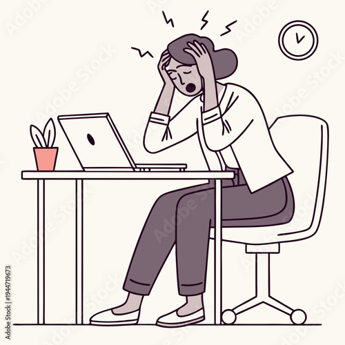 Girl under stress. Woman sits in office at laptop and holds her head. Panic and pressure at work. Overworked and tired employee with emotional burnout. Cartoon flat vector .