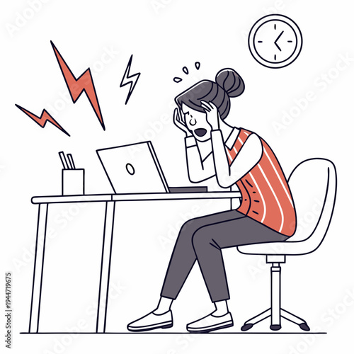 Girl under stress. Woman sits in office at laptop and holds her head. Panic and pressure at work. Overworked and tired employee with emotional burnout. Cartoon flat vector .