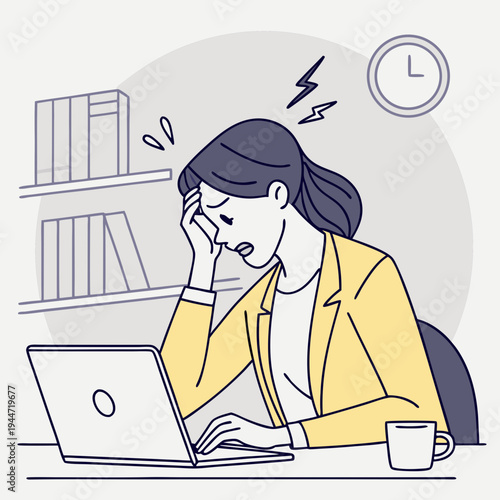 Girl under stress. Woman sits in office at laptop and holds her head. Panic and pressure at work. Overworked and tired employee with emotional burnout. Cartoon flat vector .