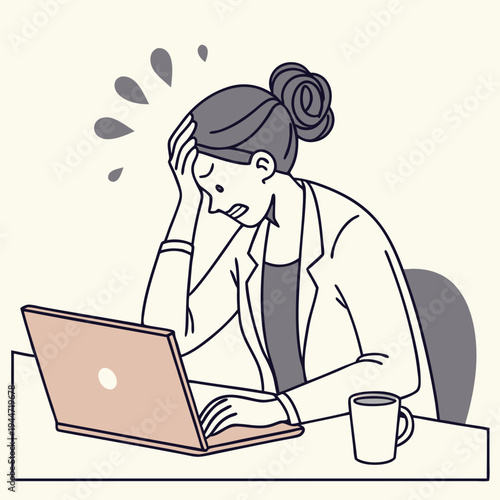 Girl under stress. Woman sits in office at laptop and holds her head. Panic and pressure at work. Overworked and tired employee with emotional burnout. Cartoon flat vector .