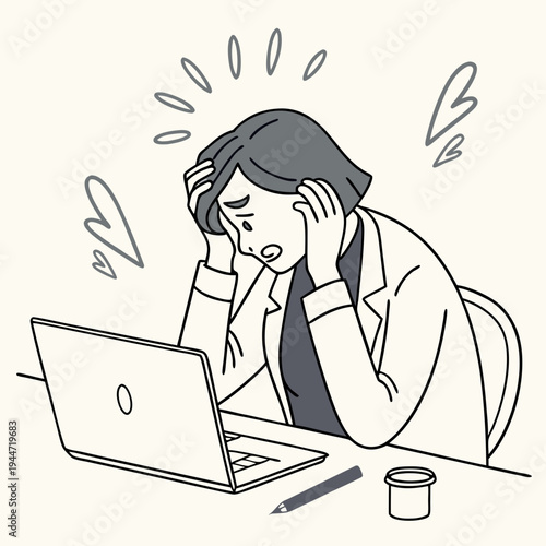Girl under stress. Woman sits in office at laptop and holds her head. Panic and pressure at work. Overworked and tired employee with emotional burnout. Cartoon flat vector .