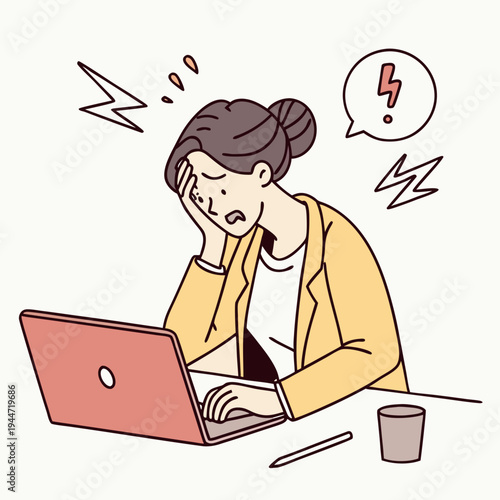 Girl under stress. Woman sits in office at laptop and holds her head. Panic and pressure at work. Overworked and tired employee with emotional burnout. Cartoon flat vector .