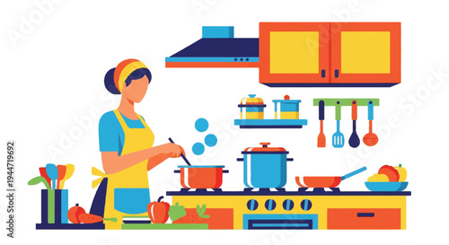 Woman cooking in modern kitchen illustration