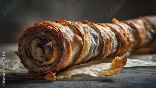 Close-up of a long, crispy Burek roll made with flaky filo pastry and savory meat or cheese filling, a staple of Balkan street food.