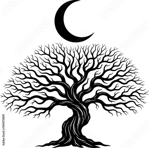 A mystical tree with a crescent moon above its sprawling branches