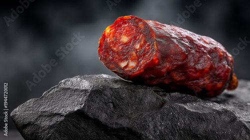 A high-contrast, low-angle shot of a sliced chorizo sausage displaying its marbled interior on a rugged dark stone.
