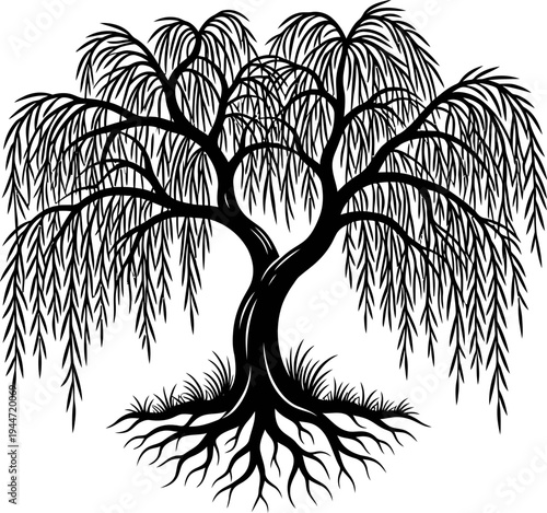 Weeping willow tree silhouette with exposed roots