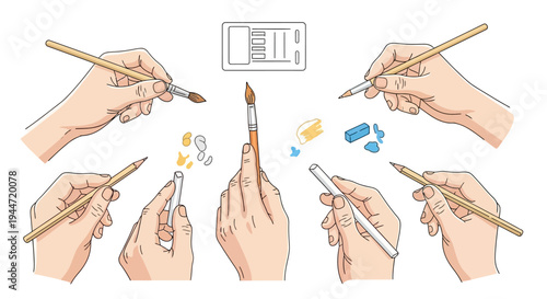Hands holding art supplies in illustration style for creative projects