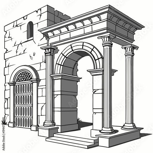 Set of medieval marble arches. Ancient antique columns and stone entrance gates of castles and palaces. Greek and Roman architecture. Realistic 3D vector illustration collection isolated on .