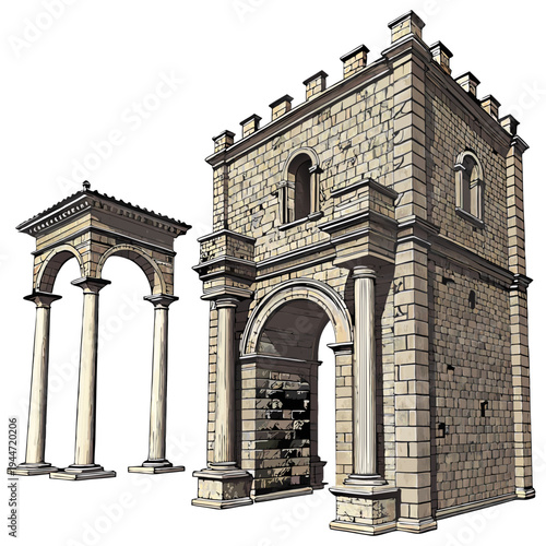 Set of medieval marble arches. Ancient antique columns and stone entrance gates of castles and palaces. Greek and Roman architecture. Realistic 3D vector illustration collection isolated on .