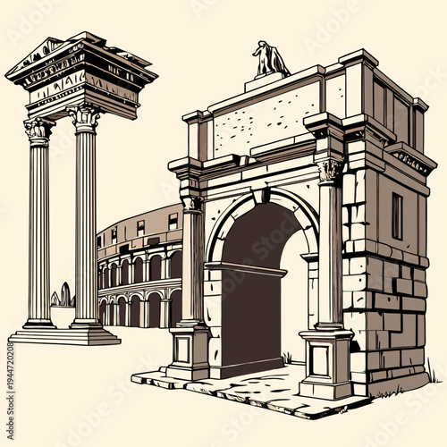 Set of medieval marble arches. Ancient antique columns and stone entrance gates of castles and palaces. Greek and Roman architecture. Realistic 3D vector illustration collection isolated on .