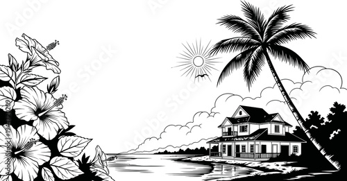 Tropical island getaway with palm tree and beachside hut