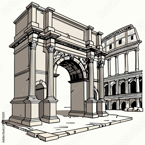Set of medieval marble arches. Ancient antique columns and stone entrance gates of castles and palaces. Greek and Roman architecture. Realistic 3D vector illustration collection isolated on .