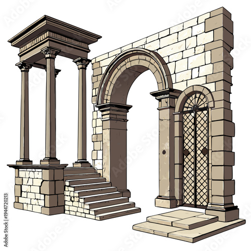 Set of medieval marble arches. Ancient antique columns and stone entrance gates of castles and palaces. Greek and Roman architecture. Realistic 3D vector illustration collection isolated on .