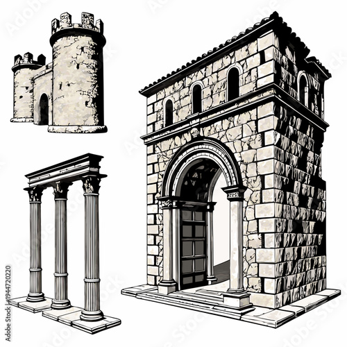 Set of medieval marble arches. Ancient antique columns and stone entrance gates of castles and palaces. Greek and Roman architecture. Realistic 3D vector illustration collection isolated on .