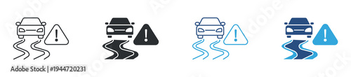 Car skidding warning icon set, slippery road danger icon. Driving safety hazard concept. Vehicle traction warning symbol. Vector illustration.