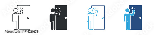 Door knocking icon set, person knocking on door icon. Visitor arrival concept. Entrance notification symbol. Vector illustration.
