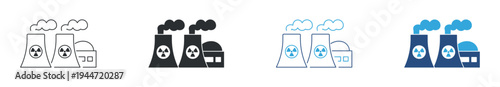 Nuclear power plant icon set, atomic energy station icon. Electricity generation industry concept. Nuclear facility symbol. Vector illustration.