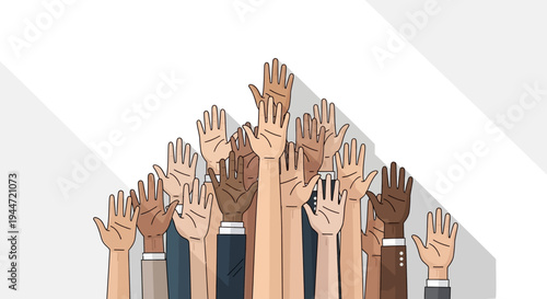 Diverse hands raised in a display of unity and participation illustration