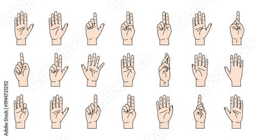 Illustrated hand gestures showing various number representations on white background