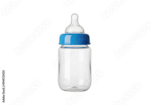 Empty baby feeding bottle with blue cap isolated on transparent background